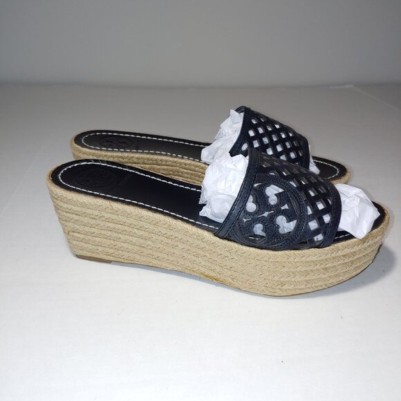Tory Burch Black Perforated Slide Leather EspadrilleWedge Sandals Size 8